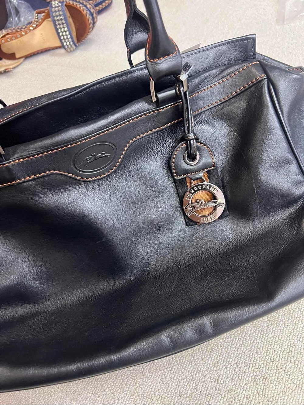 Longchamp Black Leather Tote with Brown Contrast Trim